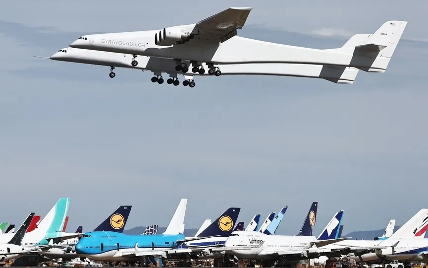 Stratolaunch Roc, the largest plane in the world, was returning from a four hour 'captive carry' test flight carrying the Talon-A hypersonic test vehicle with live propellant over the Pacific Ocean. (AFP)