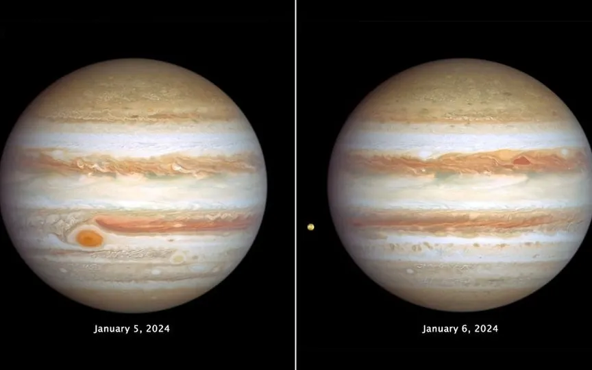 NASA shared mesmerizing views of Jupiter's stormy weather and shrinking Great Red Spot that was captured by the Hubble Space Telescope. (NASA, ESA, STScI, Amy Simon (NASA-GSFC))