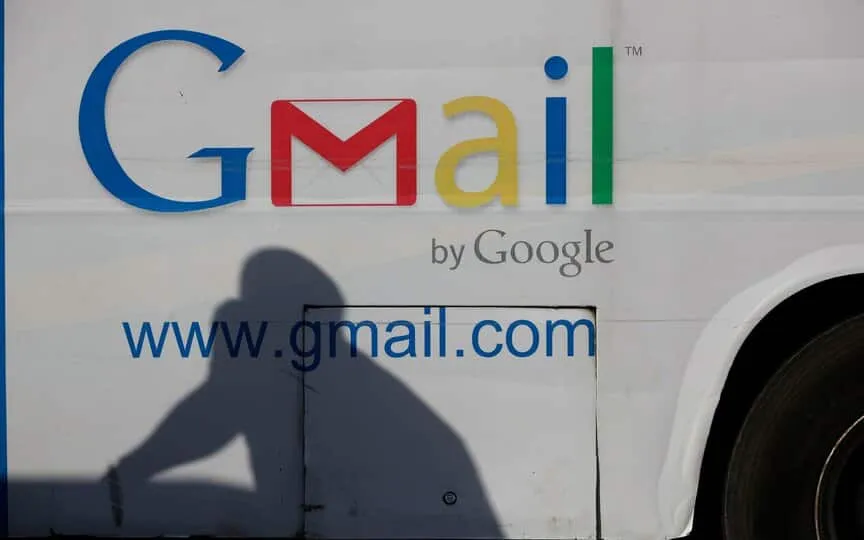 An ad for Google's Gmail appears on the side of a bus on Sept. 17, 2012, in Lagos, Nigeria. Google founders Larry Page and Sergey Brin unveiled Gmail 20 years ago on April Fool's Day. (AP)