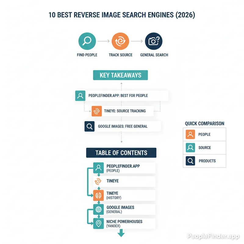 A collage showing logos of the best reverse image search engines like PeopleFinder, Google Images, and TinEye, with a magnifying glass over a photo.