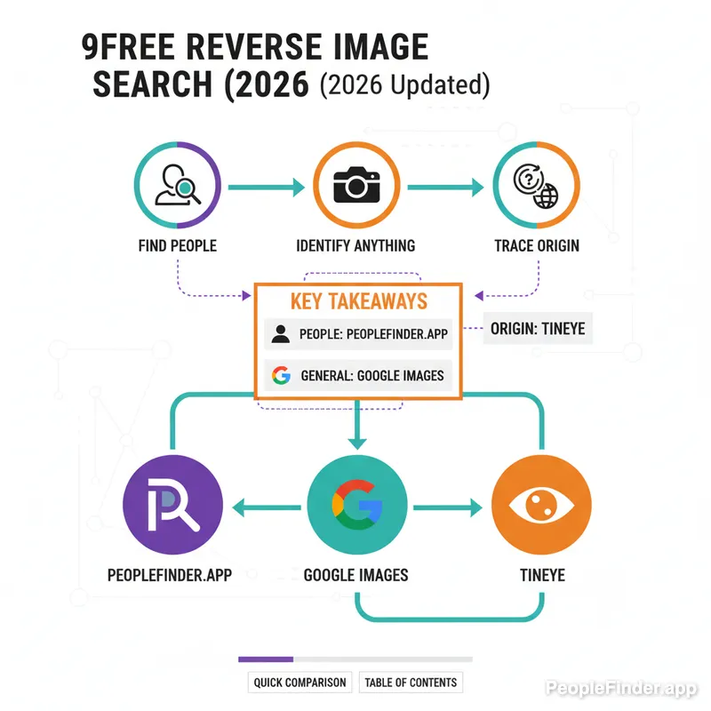 A collage showing logos of the best free reverse image search tools like Google, PeopleFinder, and TinEye arranged around a central search icon.