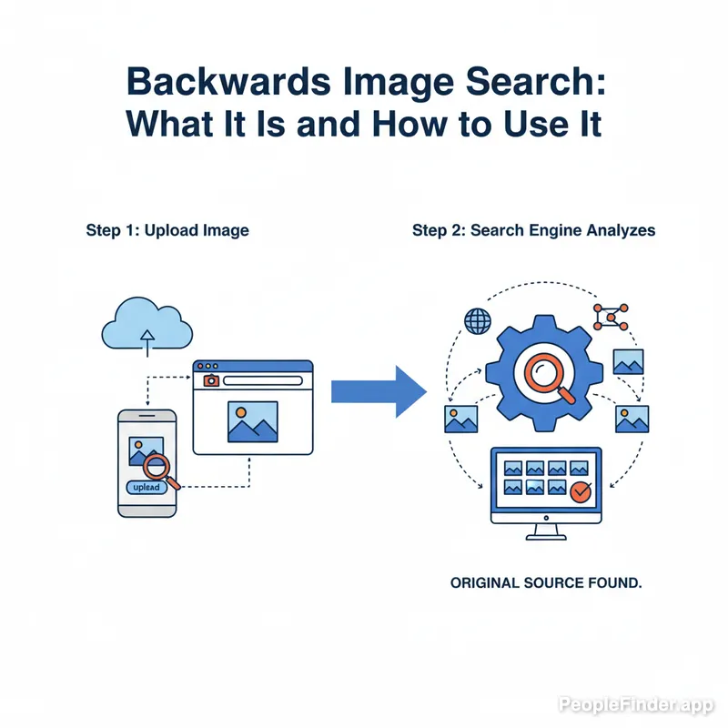 A magnifying glass hovering over a collage of different faces, symbolizing the process of a backwards photo search to identify people and image sources.