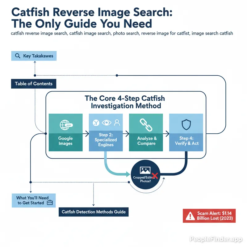 A magnifying glass hovering over a series of profile photos on a computer screen, symbolizing the process of a catfish reverse image search.