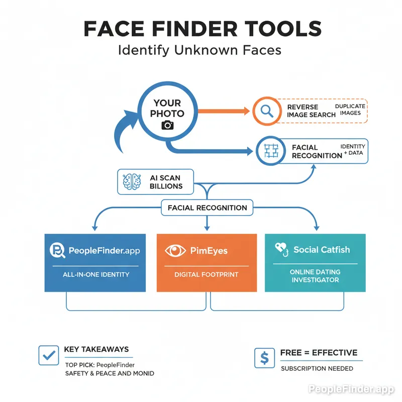 A grid of diverse human faces being scanned by a digital interface, illustrating the concept of a face finder online identifying unknown people.