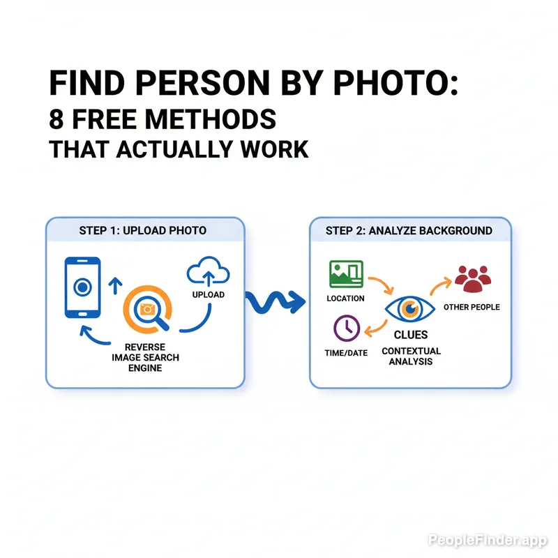 A collage of different search methods to find a person by photo, showing a central image being analyzed on a computer screen.