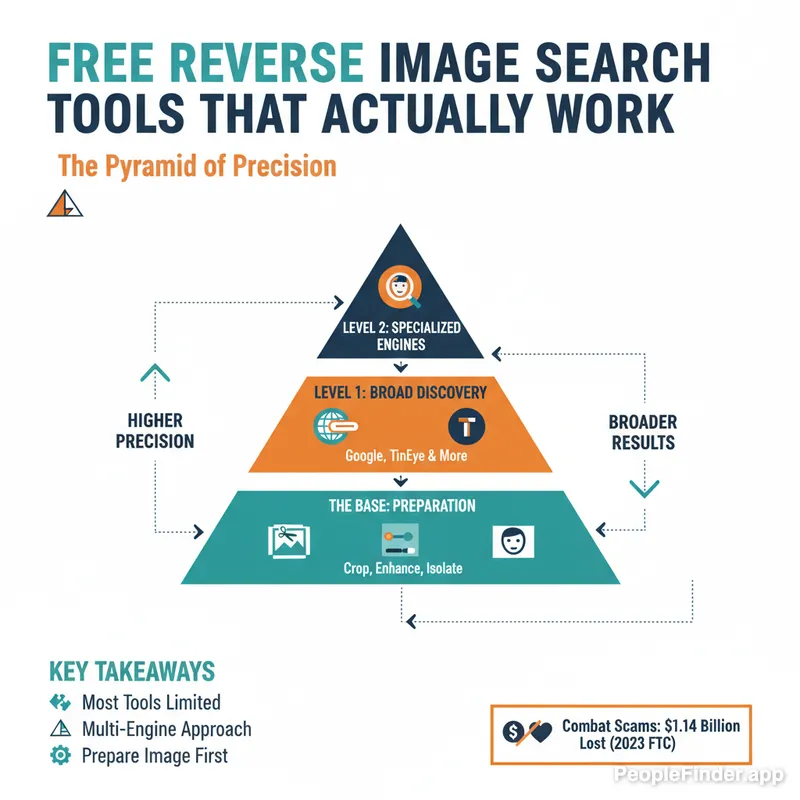 A magnifying glass hovering over a grid of diverse human faces, symbolizing the process of a free reverse image search to identify a person online.
