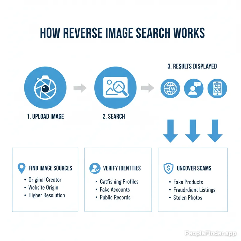 Close-up of a magnifying glass inspecting a digital image, representing the concept of reverse image search and online investigation