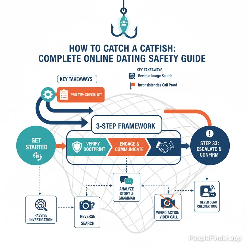 A magnifying glass hovering over a dating app profile on a smartphone, symbolizing the process of investigating and catching a catfish.