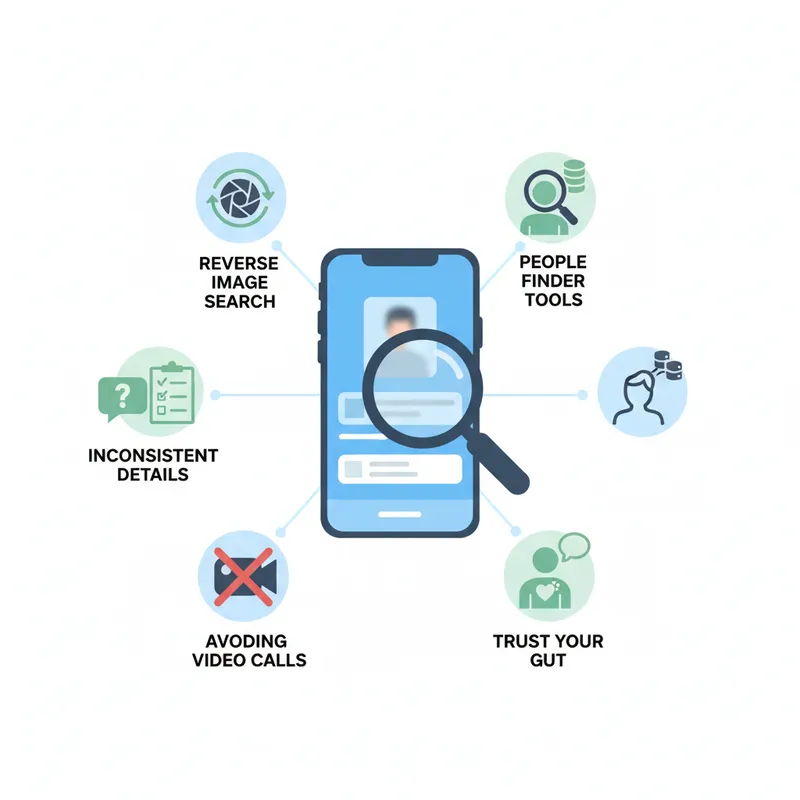 A close-up of a concerned face subtly illuminated by a laptop screen displaying a dating profile with questionable details