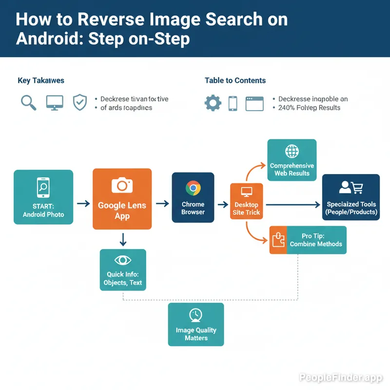 A person holding an Android phone displaying a photo gallery, with search icons and arrows indicating the process of a reverse image search.