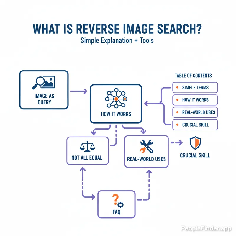 A magnifying glass icon over a photograph, visually representing the concept of a reverse image search being explained on a computer screen.