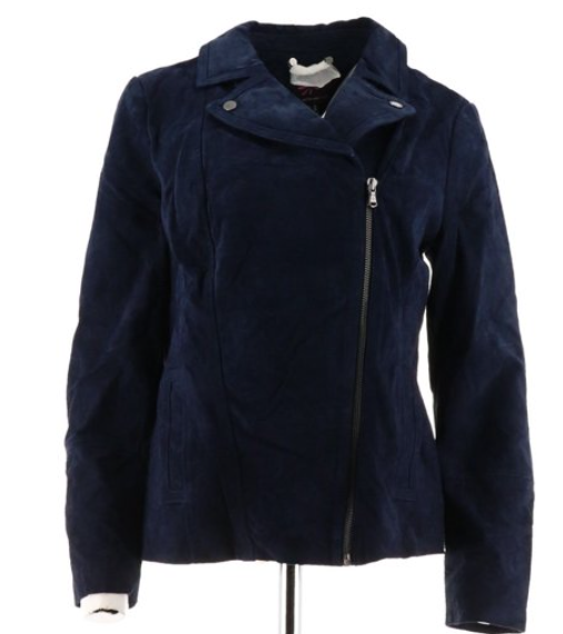 Isaac Mizrahi Live! Suede Motorcycle Jacket with Printed Lining Navy