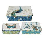 3 x Shabby Chic Metal Peacock & Butterfly Storage Tins Containers