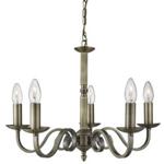 5 Light Pendant, Scroll Arms Detail, Antique Brass