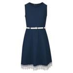 (7-8 Years, Navy) Girls Belted Lace Hem Dress