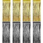 8 Pack Foil Curtains Fringe Curtains Tinsel Backdrop Metallic Curtains for Birthday Wedding Party Photo Booth Decorations (Gold and Black)