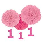 amscan 1st Birthday Fluffy Pom Decorations-3pcs, Pink, 113.4g