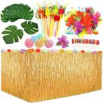 Auihiay 109 Pieces Tropical Party Decoration Set with 9 Feet Hawaiian Table Skirt, Palm Leaves, Hawaiian Flowers, Multicolored Umbrellas and 3D Fruit Straws for Hawaiian Luau Party Table Decorations