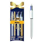 BiC 4 Colour Shine Cristal Retractable Ballpoint Pen, Christmas Set - Gold/Silver, Pack of 4