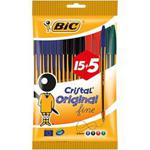 BIC Cristal Original Fine Ball Pens Fine Point (0.8 mm) - Assorted Colours, Pouch of 15+5