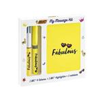 Bic My Message Fabulous Kit - Stationery Kit with 1 Ballpoint Pen 4 Colours/ 1 Highlighter Grip Yellow/ 1 A6 White Notebook - Pack of 3