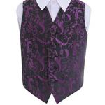 DQT Boys Floral Wedding Tuxedo Waistcoat Black and Purple 30″ / 9-10 Years Old