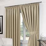 Dreamscene Luxury Basket Weave Blackout Thermal Lined Tape Top Curtains with Tiebacks - Beige, 46 x 72-Inch