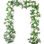 EZESO 7.5FT Artificial Flower Rose Garland Vine with Green Leaves Fake Hanging Plant Flower Garland For Wedding Party Garden Wall Valentine Decoration (White, 2 pack)