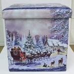 Festive Christmas Scene Folding Ottoman Cube Storage Box Faux Leather Padded Seat 38x38x38cm