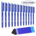 Friction pens,BBLIKE 12PCS Erasable Rollerball Pen and 20 Ballpen Refills,More Ink Rub Out Pens Gel Ink Ballpoint Pen 0.5 mm Tip (blue)