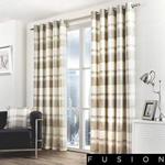 Fusion - Balmoral Check - 100% Cotton Ready Made Pair of Eyelet Curtains - 66″ Width x 90″ Drop (168 x 229cm) in Natural