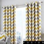 Fusion - Chevron - 100% Cotton Ready-Made Pair of Eyelet Curtains - 66″ Width x 54″ Drop (168 x 137cm) in Ochre