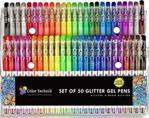 Glitter Gel Pens by Color Technik, Set of 50 Individual Colours, 40% More Ink. Largest Non-Toxic Artist Quality Glitter Set By Color Technik, Perfect For Adult Colouring Books Etc. Great Gift Idea!