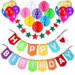 Gyvazla Birthday Decoration Supplies, Include Happy Birthday Banner with 8 Pack Honeycomb Paper Balls, 12 Colorful Party Balloons, 1 Colorful Start-shape Pull Flowers, Party Supplies (Multicolor)