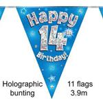 Happy 14th Birthday Blue Holographic Foil Party Bunting 3.9m Long 11 Flags