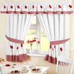 Homespace Direct Poppies Pencil Pleat Kitchen Curtains and Tiebacks 66 x 48 inch Embroidered Floral Gingham Checked, Polyester, Red/White, 66 x 48-Inch