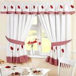 Homespace Direct Poppies Pencil Pleat Kitchen Curtains and Tiebacks 66 x 54 inch Embroidered Floral Gingham Checked, Polyester, Red/White, 66 x 54-Inch