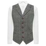 King & Priory Pewter Grey Herringbone Check Waistcoat with Lapel, Medium | 40in Chest, Pewter Grey