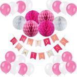 Recosis Happy Birthday Bunting Banner with 20 Pieces Latex Party Balloons and 6 Pieces Honeycomb Balls for Birthday Party Decorations - Pink