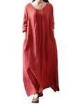 Romacci Autumn Women Casual Loose Dress Solid V Neck Long Sleeve Cotton Retro Boho Long Maxi Dress, Red, XXL