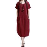 Romacci Women Casual Loose Dress Solid Long Dress O-Neck Short Sleeve Dress with Pocket Plus Size Dress, Burgundy, 4XL