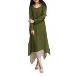Romacci Women Vintage Dress Contrast Double Layer Casual Loose Boho Long Plus Size Retro Maxi Dress Green