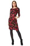 Roman Originals Women Floral Print Ponte Dress - Ladies Autumn Winter Smart Casual Work 3/4 Sleeve Tunic Bohemian Classic Knee Length Tunic Tea Loose - Black & Pink - Size 20