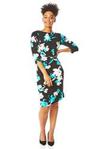 Roman Originals Women Floral Print Twist Knot Ruched Waist Dress - Ladies Shift Pencil Smart Round Neckline 3/4 Sleeve Knee Length Work Fitted Bodycon Stretchy Jersey - Black & Blue - Size 20