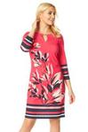 Roman Originals Women Floral Stripe Print Shift Dress - Ladies Everyday Daytime Smart Casual Evening Spring Summer Party Workwear Special Event 3/4 Sleeves Knee Length Dress - Fuschia - Size 18