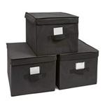 Set of 3 Fabric Storage Boxes with Lids Foldable Storage Cube Organiser Bins with Handle & Label Holders 40 x 30 x 25cm (Black)
