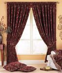 Shiraz Pencil Pleat Curtains (Pair) - Burgundy Red and Gold - Damask Jacquard Tapestry - Ready Made - Matching Tiebacks - Room Darkening - 100% Polyester - 168cm width x 183cm drop (66 x 72″ inches)