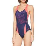 Speedo Women's Boom Placement Racerback Swimsuit, Navy/Psycho Red/Flash, 32 (Manufacturer Size: 36)