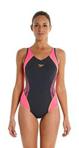 Speedo Women's Fit Splice Muscle Back Swimsuit-Oxide Grey Pink/Fluorescent Orange, Size 34