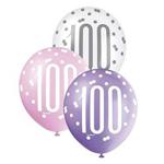 Unique Party 83418 83418-12″ Latex Glitz Pink & Silver 100th Birthday Balloons, Pack of 6, Pink, Age 100